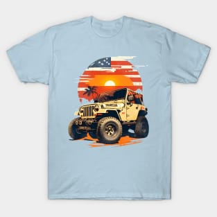 Vintage Summer 4th of July Jeep Beach Sunset Independence Day T-Shirt